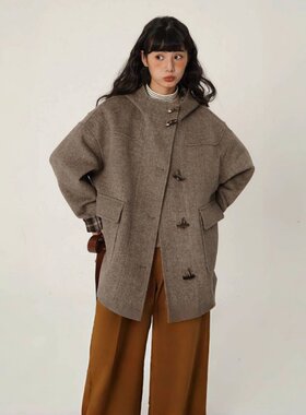 大码韩系复古毛呢连帽大衣外套女