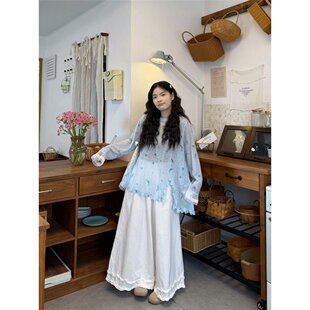 300斤大码胖mm度假风花边长袖T恤女夏季胖mm宽松超仙碎花防晒罩衫