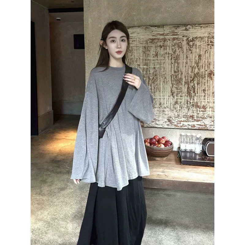 大码胖mm韩系松弛感廓形长袖T恤女春秋300斤宽松时尚遮肉休闲上衣