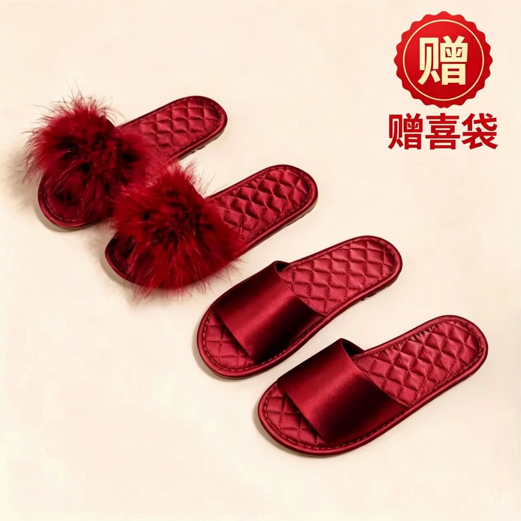 结婚拖鞋缎面羽毛红色四季春夏
