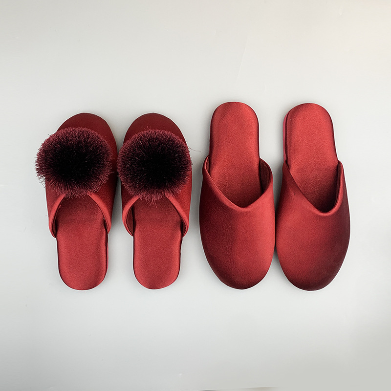 结婚情侣款拖鞋缎面高档秋季新娘