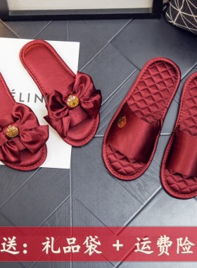 结婚拖鞋喜庆红色一对轻奢绸缎面2026春夏新款陪嫁新郎新娘四季款