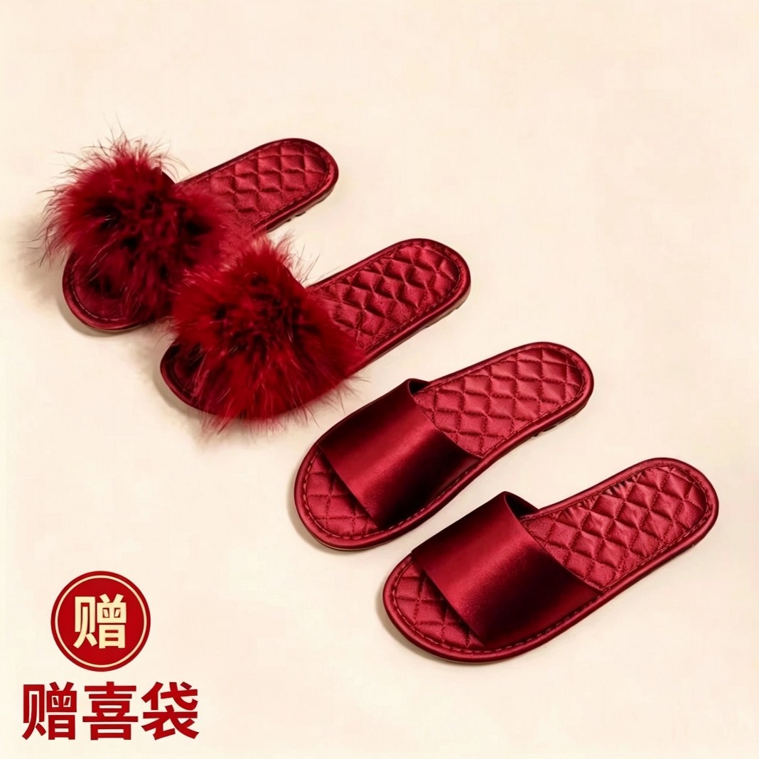 结婚拖鞋红色绸缎面四季羽毛毛夏