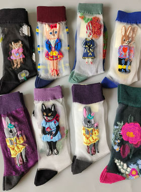 夏季超薄森林童话socksappeal玻璃丝卡通猫咪甜美中筒水晶丝潮袜