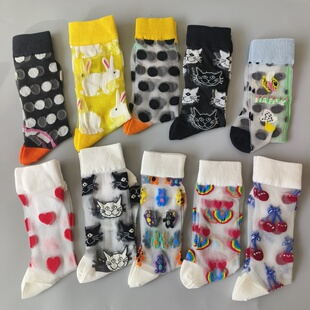 女士玻璃丝袜子透明中筒潮牌水晶丝女袜撞色网红袜 happysocks夏季