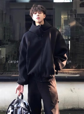 cleanfit黑色高领卫衣男款重磅美式开衫外套秋冬潮牌高级感连帽