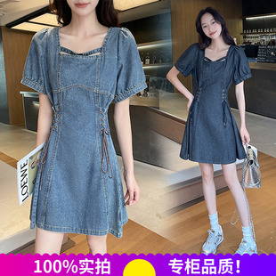 2026夏季大码女装法式小众设计感遮肚显质牛仔弹力收腹连衣裙胖MM