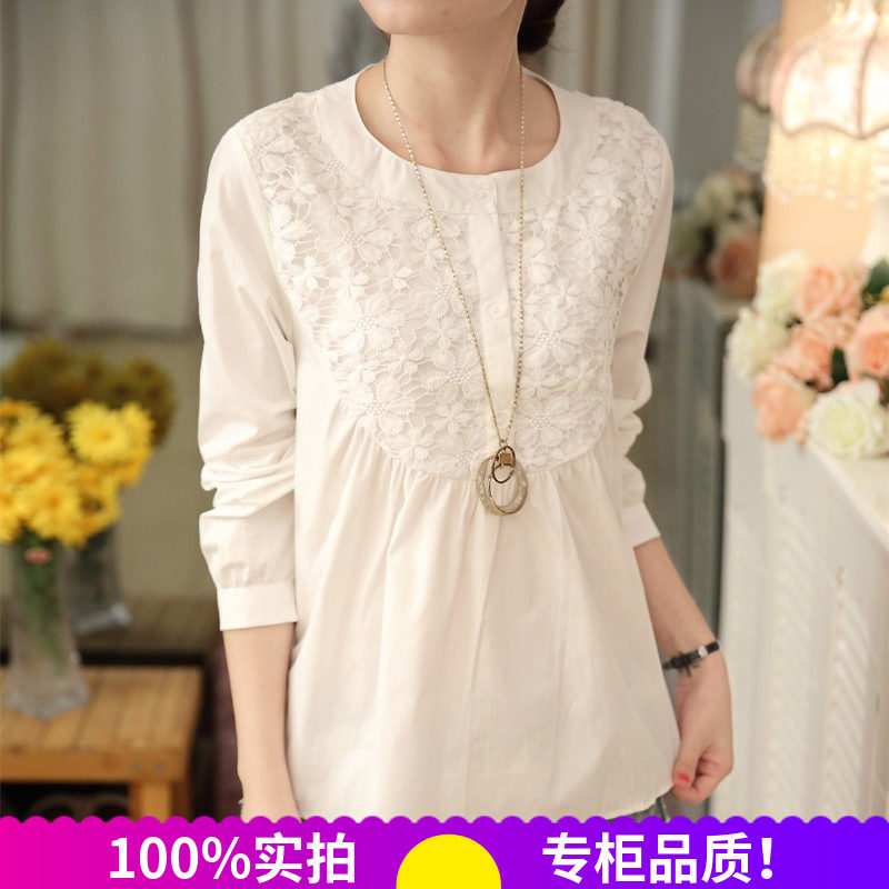 韩范白色绣花蕾丝衬衫女夏薄款宽松娃娃衫上衣中袖百搭镂空中长款