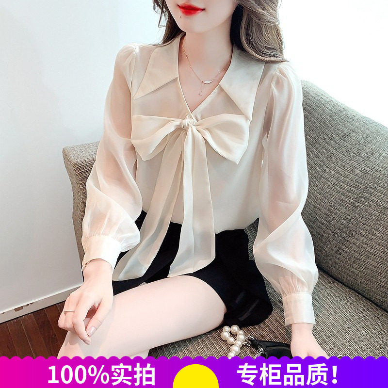 2026春秋季新款时尚蝴蝶结设计纯色仙女气质雪纺衬衫女长袖百搭潮