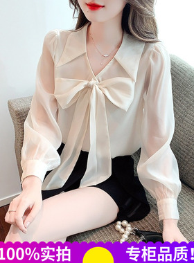 2026春秋季新款时尚蝴蝶结设计纯色仙女气质雪纺衬衫女长袖百搭潮