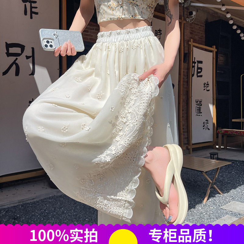 白色刺绣镂空高腰显瘦阔腿九分裤
