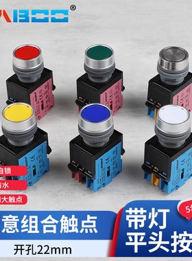 华博22MM带灯LED 24v复位220v自锁点动启动10A600V电源按钮开关