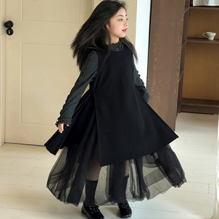 女童背心裙新款初中生儿童秋冬洋气毛呢拼接纱裙大童秋装公主裙子