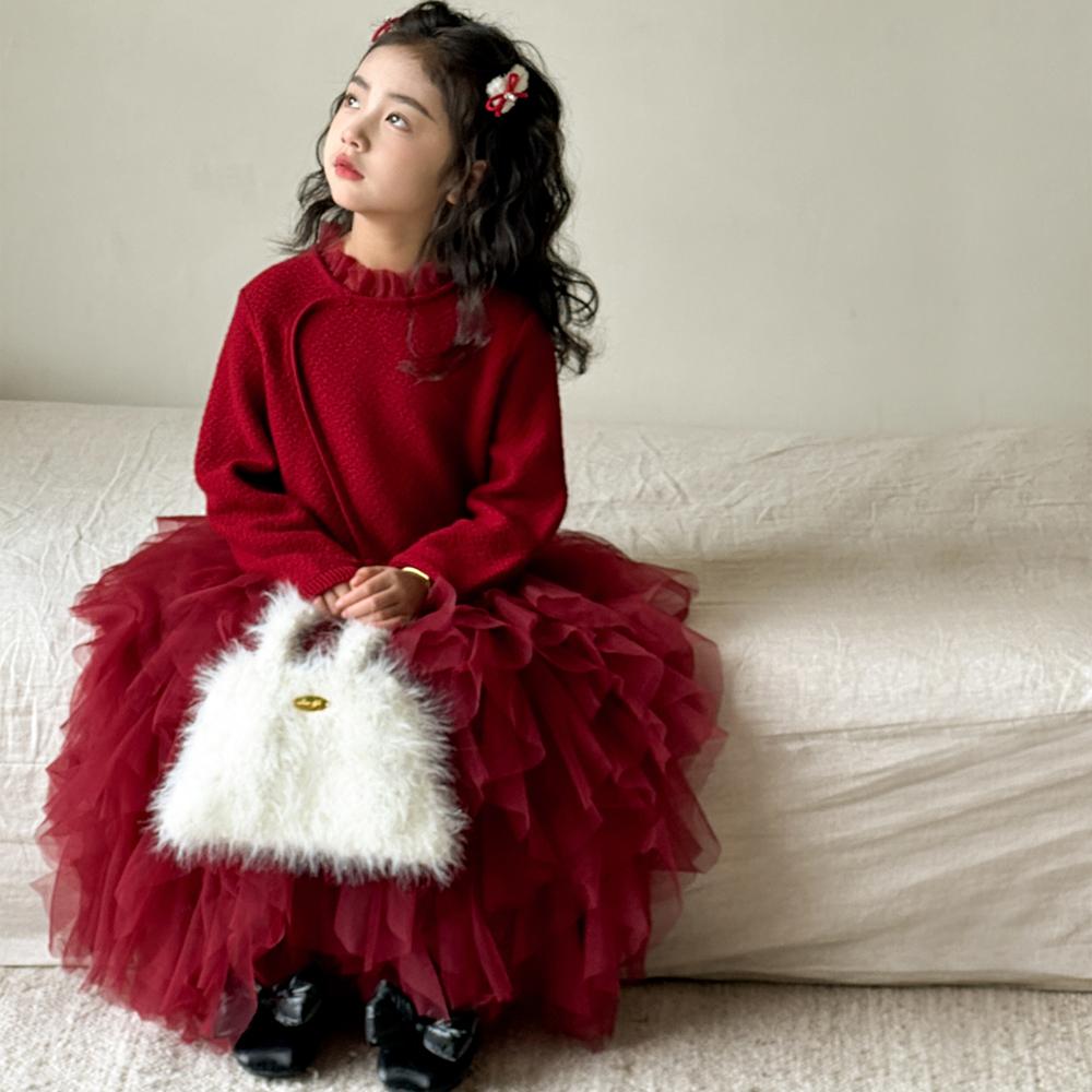 女童连衣裙秋冬针织网纱裙女孩红色新年公主裙拜年服儿童毛衣裙子