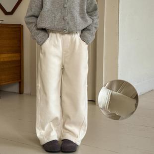 女童加绒裤子新款儿童白色加厚阔腿直筒裤冬季中大童一体绒牛仔裤