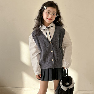 女童假两件上衣春秋款2026新款春装儿童学院风女大童针织长袖衬衫