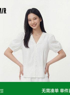 森马短袖衬衫女夏盐缩肌理白色泡泡袖花边V领设计感甜美俏皮衬衣
