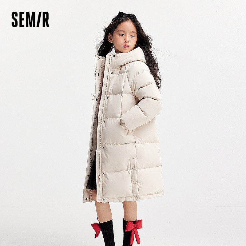 森马儿童羽绒服2024新款中长款外套三防宽松连帽冬装纯色女童上衣