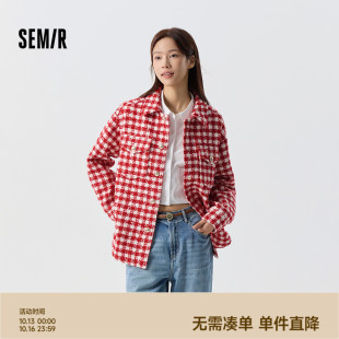 森马外套女中长款 气质春复古翻领红色衣服炸街 格子粗花呢上衣时尚