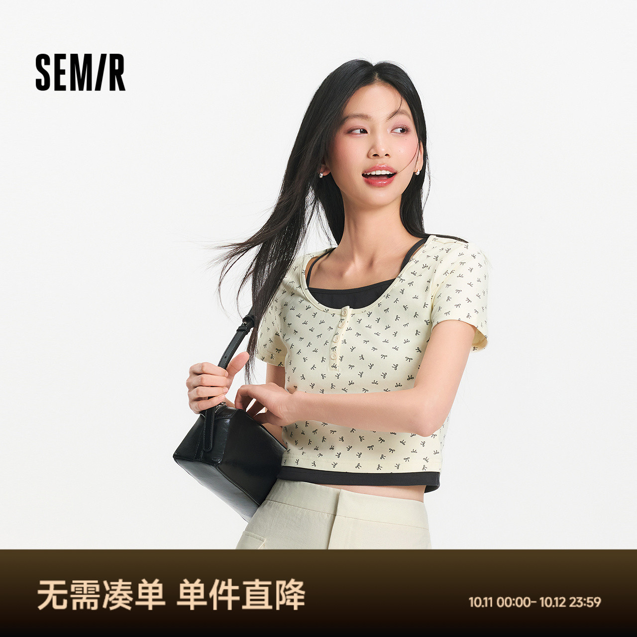 森马短袖T恤女短款蝴蝶结甜美2025夏季新款假两件紧身衣服小个子