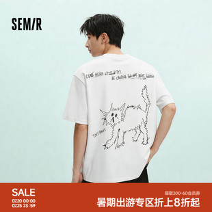 森马短袖T恤男夏季纯棉针织衫2026新款潮流线稿字母小猫图案上衣
