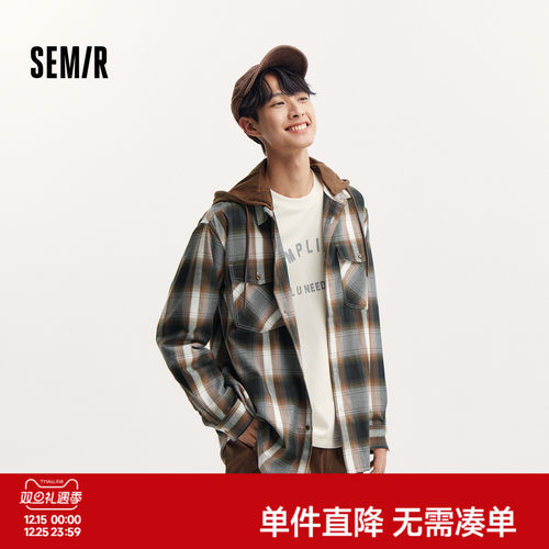 森马情侣外套宽松格纹长袖衬衫男