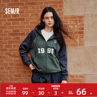 复古 潮流刺绣撞色夹克美式 森马外套女连帽插肩袖 宽松上衣女士秋季