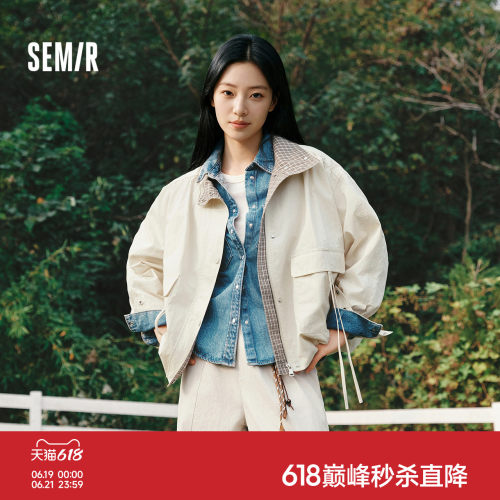 森马拼接格子oversize花苞外套女