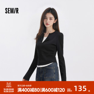 商场同款 修身 森马长袖 显瘦设计感2025新款 假两件秋装 T恤女短款