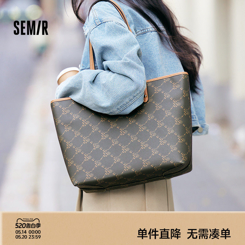 森马包包托特包女2024新款大容量通勤单肩包撞色老花手提包时尚潮