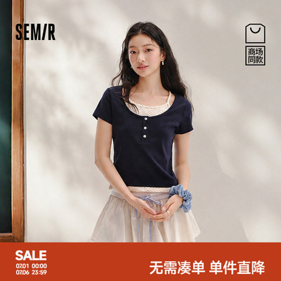 森马波点假两件短款短袖T恤女