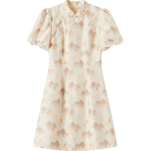 森马连衣裙女水墨画印花泡泡袖盘扣2024夏季新款新中式改良旗袍裙