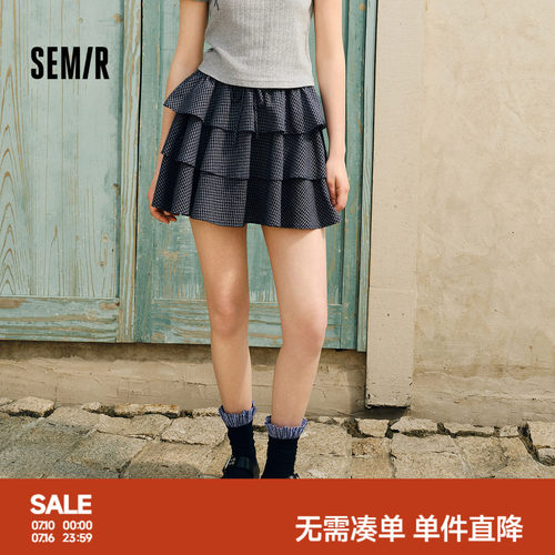 森马小个子格子蓬蓬蛋糕半身裙女