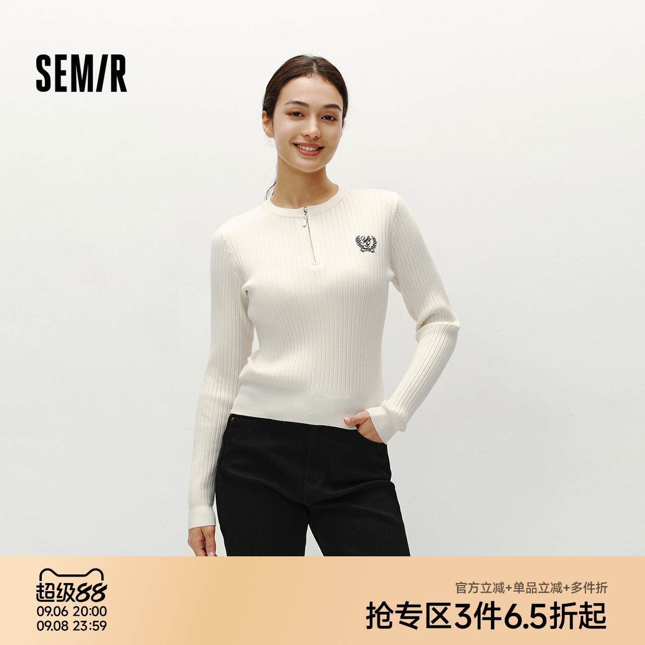 森马半开襟刺绣修身短款毛衣女