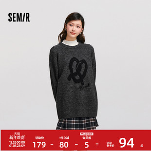 冬季 休闲慵懒2024新款 提花衣服 宽松落肩圆领毛衫 森马毛衣女中长款