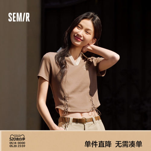 森马绑带印花修身短款POLO衫女