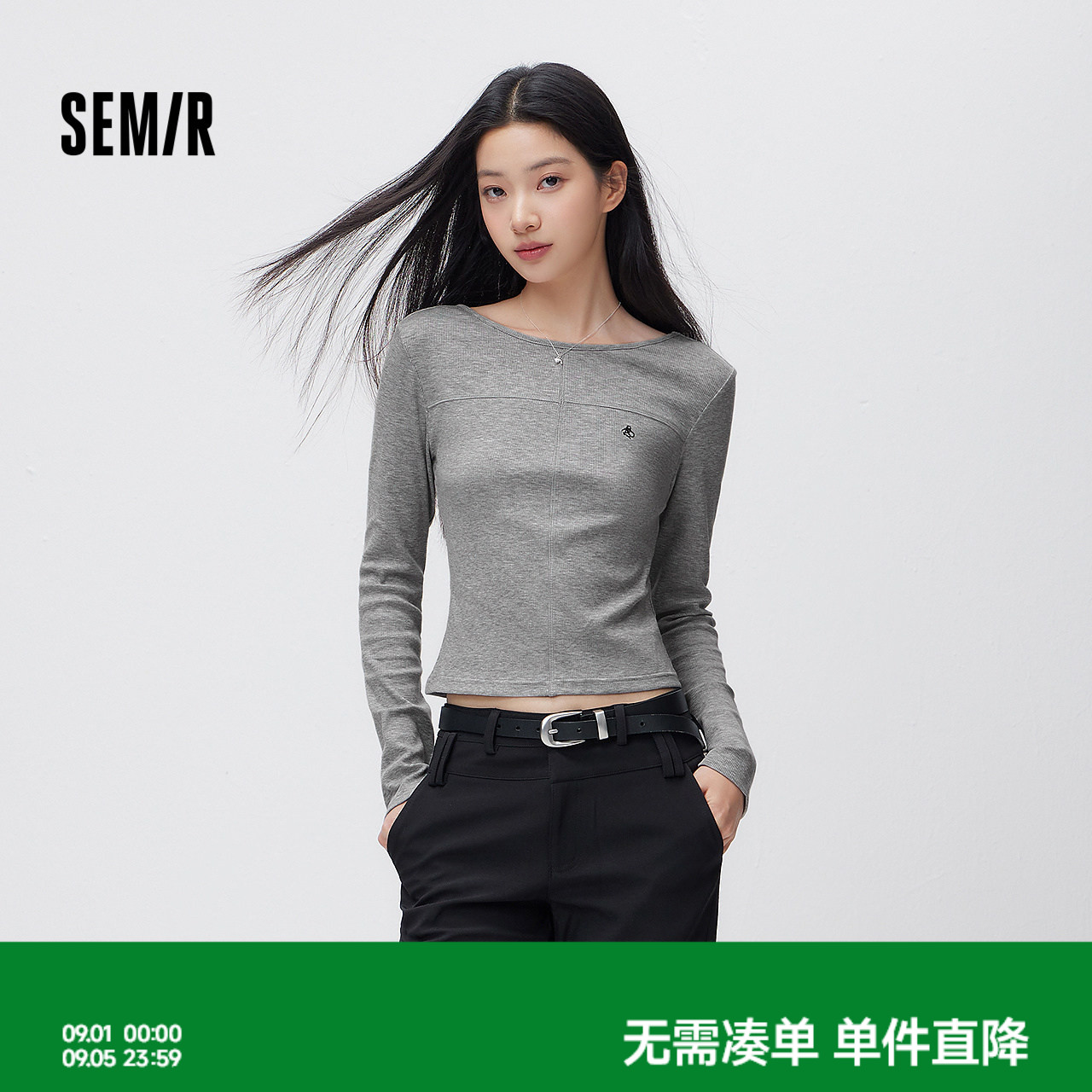 森马一字领修身短款长袖T恤女图片