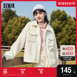 森马外套女翻领纯色基础宽松2022冬季新款仿羊羔毛上衣女士休闲风