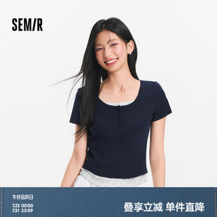T恤女短款 假兩件2025夏新款 商場(chǎng)同款 碎花修身 正肩上衣 森馬短袖