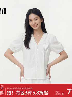 森马短袖衬衫女夏盐缩肌理白色泡泡袖花边V领设计感甜美俏皮衬衣
