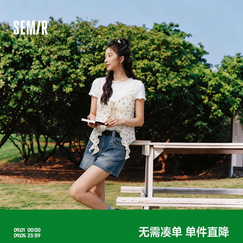 森马短款吊带碎花T恤假两件女