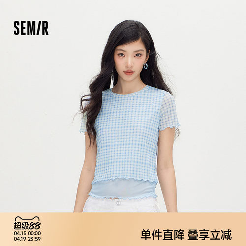 森马格纹网纱紧身短款短袖T恤女