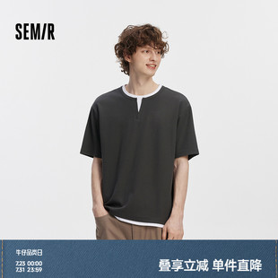 T恤男V領(lǐng)假兩件上衣華夫格2025新款 森馬短袖 夏季 商場同款 拼色潮