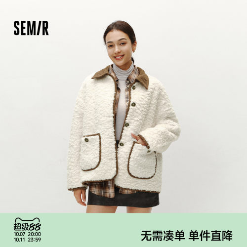 森马灯芯绒翻领仿兔毛宽松外套女