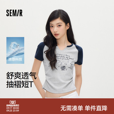 森马凉感紧身印花短款短袖T恤女