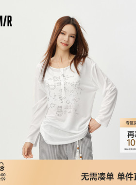 森马长袖T恤女夏中长款oversize印花2026新款慵懒甜美少女感罩衫