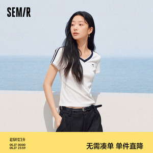 森马蕾丝V领凉感短款短袖T恤女