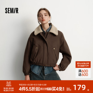 森马外套女冬季 巴恩风夹克 夹棉仿羊羔毛翻领oversize磨毛2025新款