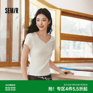 森马V领半开襟正肩短款短袖T恤女