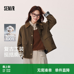 森马外套女巴恩风短外套上衣秋季 拼接灯芯绒翻领夹克格纹复古风
